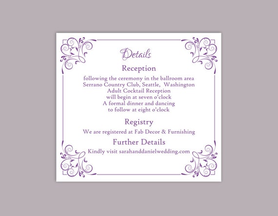 DIY Wedding Details Card Template Editable Text Word File Download Printable Details Card Lavender Purple Details Card Information Cards