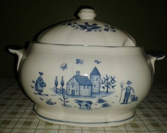Vintage Ceramic Soup Taureen Farmhouse Scene - Made in Japan