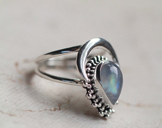 Rainbow Moonstone Ring, Boho Ring, Crescent Moon Ring, Gypsy Ring, Statement Rings, Solid 925 Sterling Silver Rings, Don Biu