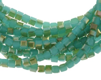 6mm Opal Sea Green Crystal Cubes with a Bronze Luster Finish - Full 16" Strand - About 61 Beads