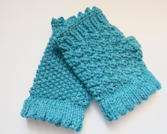 Turquoise Fingerless Gloves Hand Knit Mittens by GieseDeseiGns