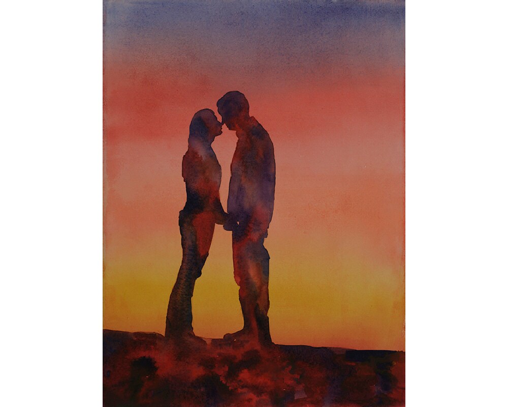 Watercolor painting of silhouette of couple kissing in front