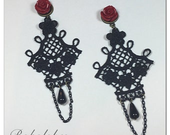 PAIR of romantic gothic lace chandelier dangle rose plugs or earrings for stretched ears gauges