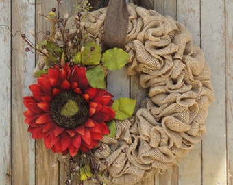 Fall Sunflower Wreath--Burlap Sunflower Wreath--Grapevine Sunflower Wreath--Rattan Sunflower Wreath-Autumn Sunflower Wreath-Sunflower Wreath