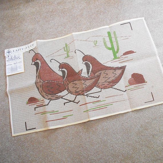 Vintage Latch Hook Painted Canvas Quail Rug by MissIvyVintage