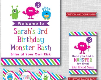 Girl Monster Birthday Party Package - Monster Birthday Printable Party Set - DIGITAL DESIGN