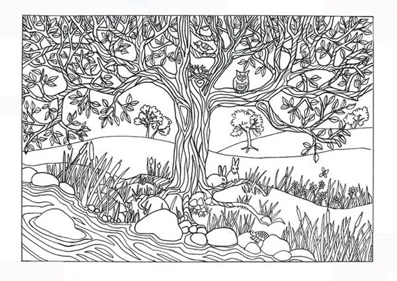 Items similar to Tree \u0026 River Nature Scene Coloring Page  Coloring for Adults on Etsy