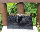 1950s Handbags, Purses, and Evening Bag Styles Vintage Crown Lewis black faux reptile handbag purse with faux diamond rhinestones  gold accents MCM 1950s LEWIS handbag Hollywood regency $88.00 AT vintagedancer.com