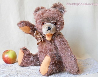 Old teddy bear made in 1950s Germany by Hermann Teddy , named Zotty bear, 16 inch jointed brown long hair mohair teddy bear with open mouth