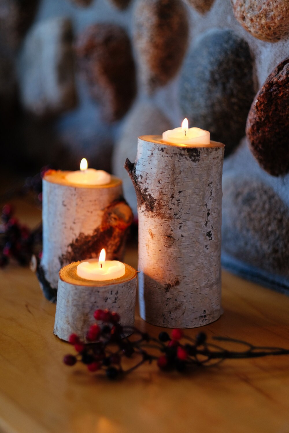 Set of 3 Tree birch branch candle holders Rustic Candle