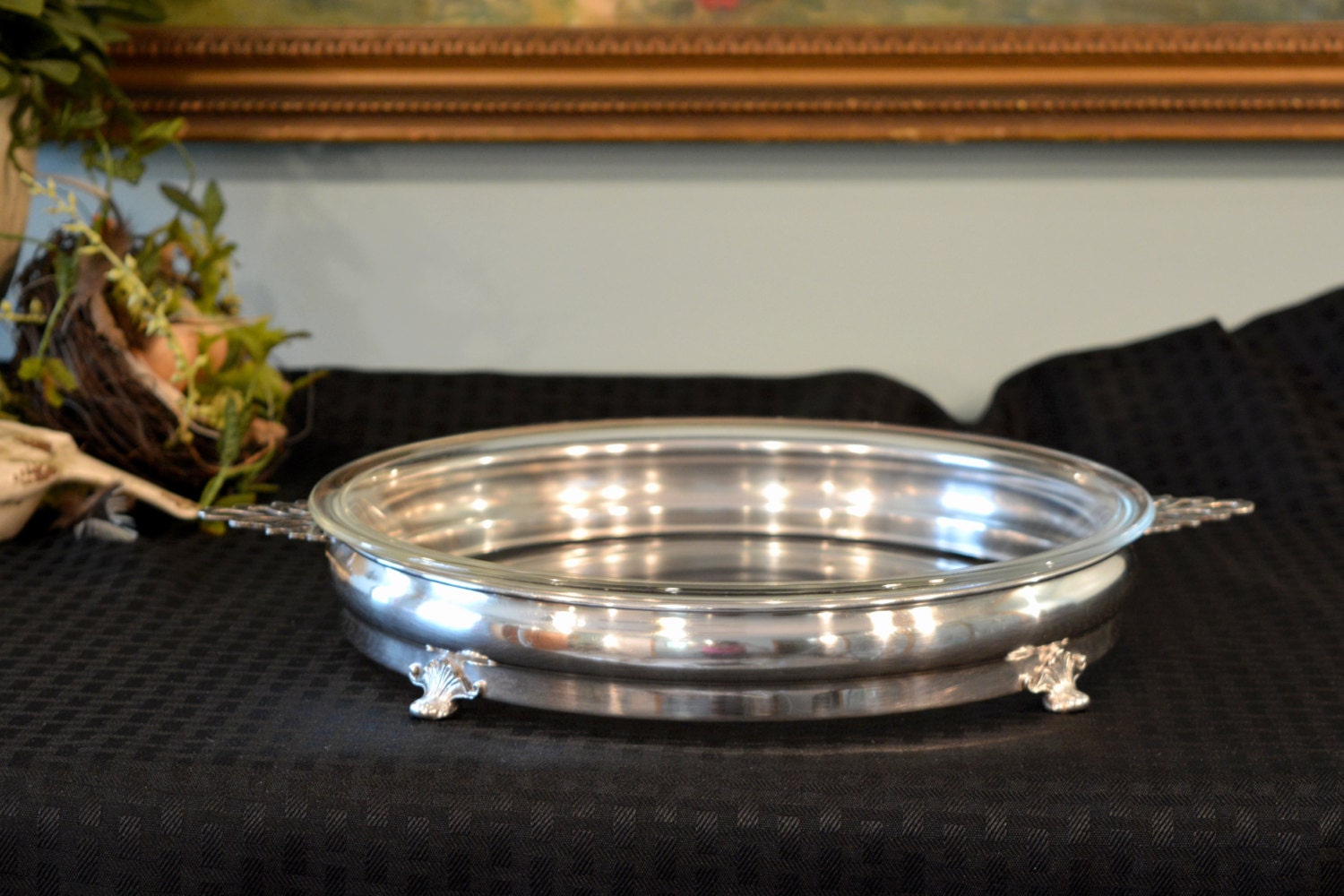 RESERVED Crescent Silver Plate Pie Serving Stand Pyrex 10