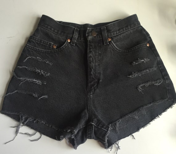 Items similar to Black Size 7 High Waist Denim Shorts - Small 4 6 Black ...