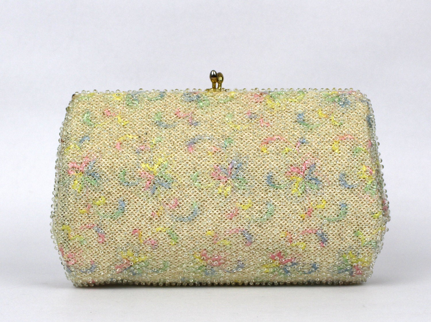 Beaded Floral Clutch Pastel Embroidered by TheBirdcageVintage