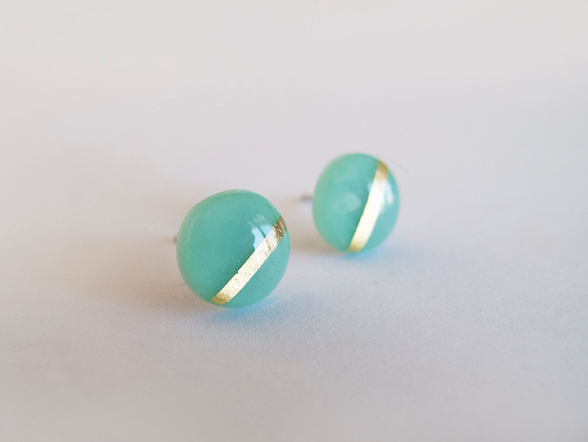 Mint Green and Real 23k Gold Round Stud Earrings Surgical