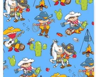 Little Cowboys Horse Campfire on Blue Flannel Fabric By the Yard Fabriquilt