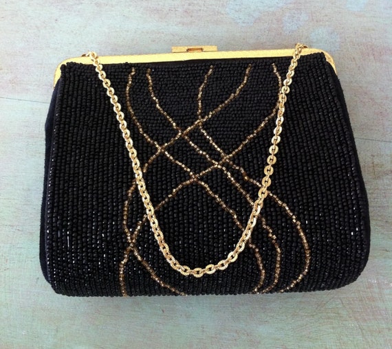 Vintage Beaded Black and Gold Evening Bag Purse by MagsModShoppe