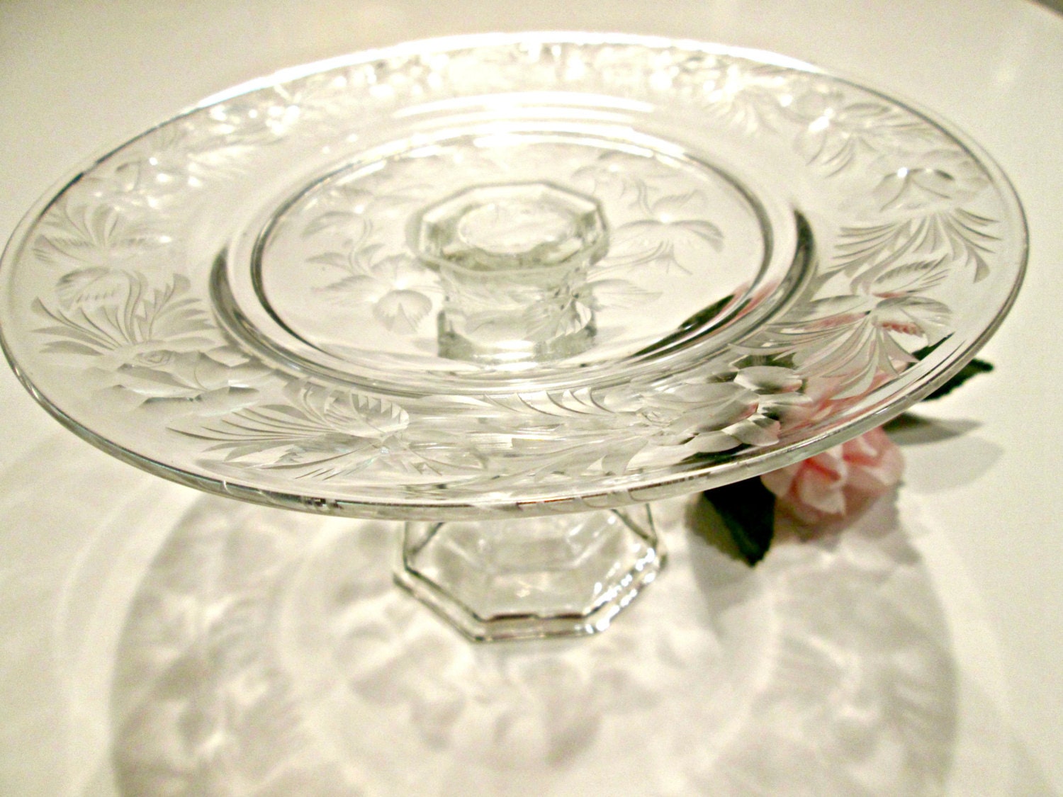 Etched Crystal Cake Plate Stand Pedestal Serving By Robinslane 6794