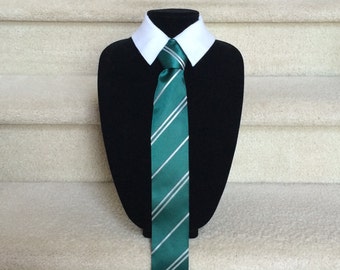 Slytherin Tie: Harry Potter Inspired Striped Costume Tie & Built-in Shirt Collar Combo; Hogwarts Wizard Costume Tie; Photo Prop Tie