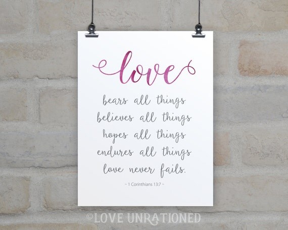 Bible Verse Print Love never fails 1 by loveunrationed on Etsy