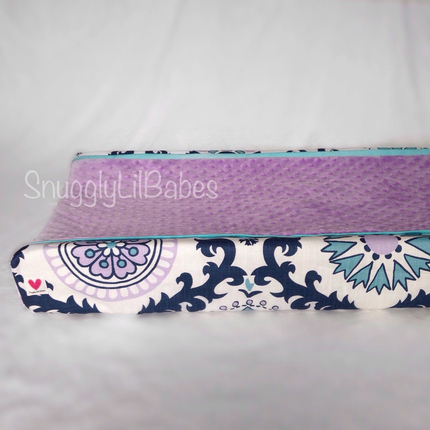Navy turquoise lavender changing pad cover with turquoise