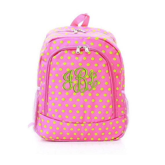 LARGE Monogrammed Backpack :Pink/Lime Polka Dot