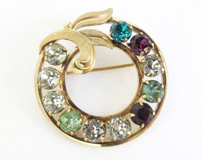 Van Dell Rhinestone Circle Brooch | Vintage 12K Gold Filled Pin