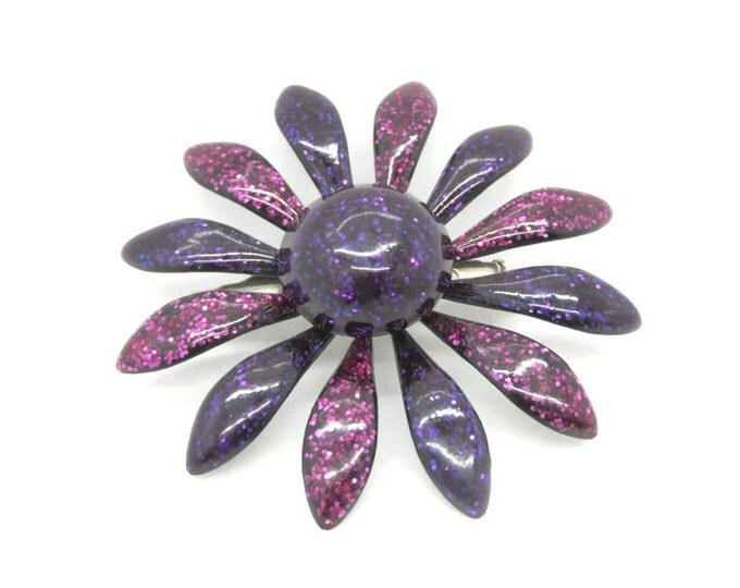 Vintage Purple Enamel Pin Glittery Flower Brooch Costume Jewelry Gift Idea