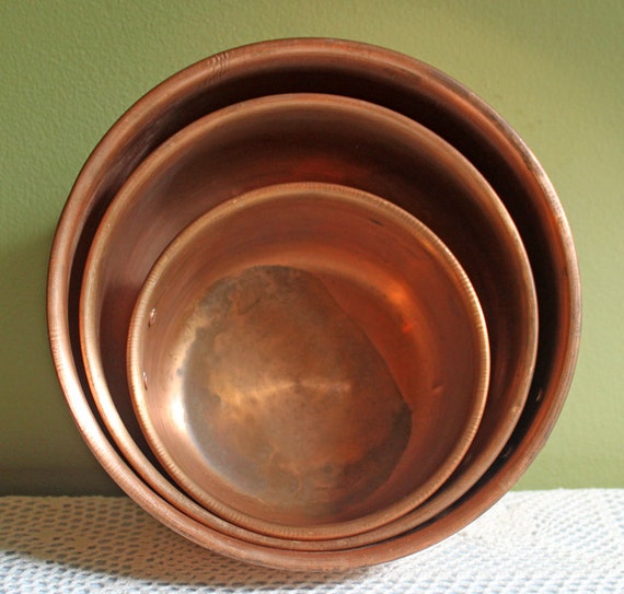 Vintage Bowl. Set of Three Solid Copper Bowls or Pots.