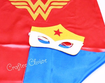 Wonder Woman Cape and mask set/ superhero/ childrens cape/ costume/party favor/kids/ stocking stuffer/ Christmas/ affordable