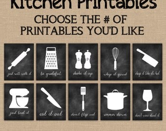 Kitchen Decor PRINTABLE signs. Set of Chalkboard Kitchen Utensil Art Decor. Just Roll with it Whip it Good Be Grateful Just Beat it Wine