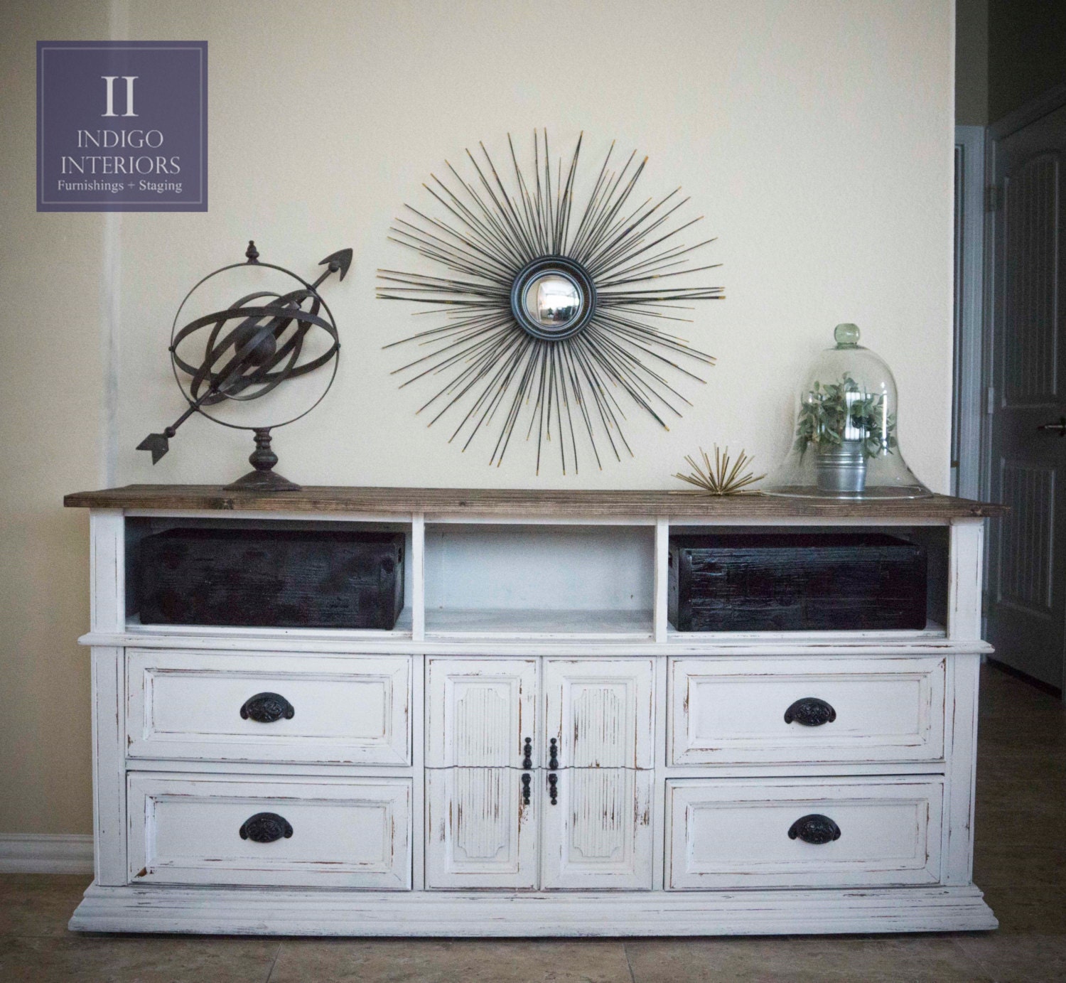 Antique White With Espresso Plank Board Top Dresser Buffet Tv