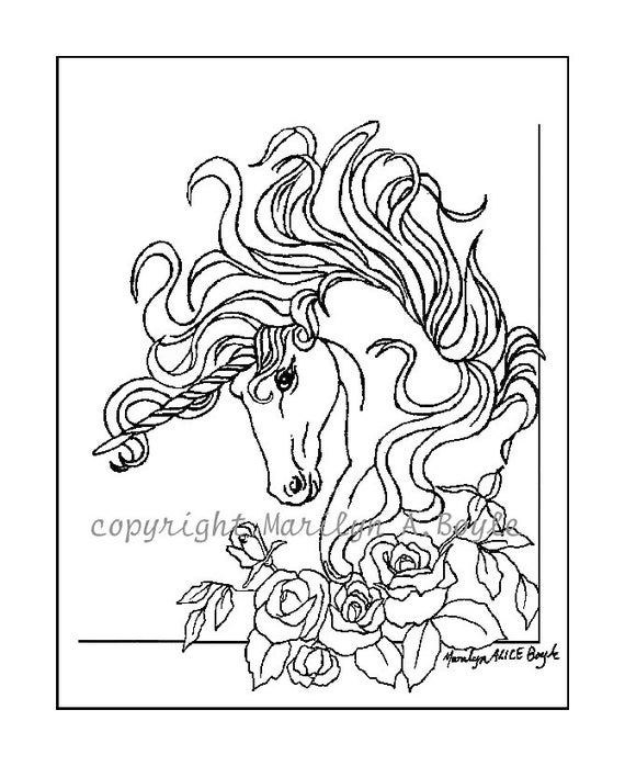 ADULT COLORING PAGE digital download Unicorn roses garden