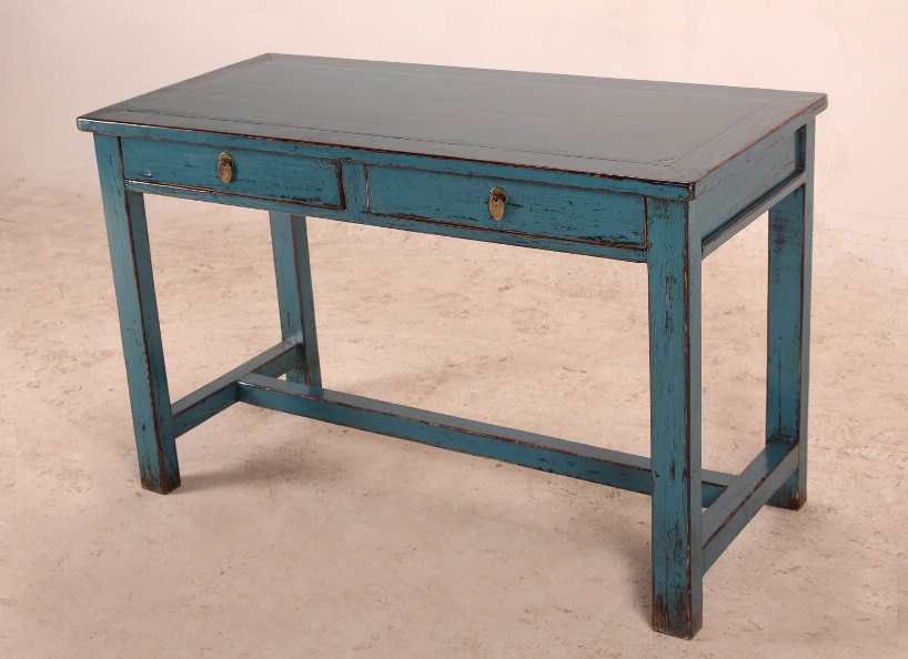 Hand painted blue solid wood desk with 2 drawers by Terra Nova