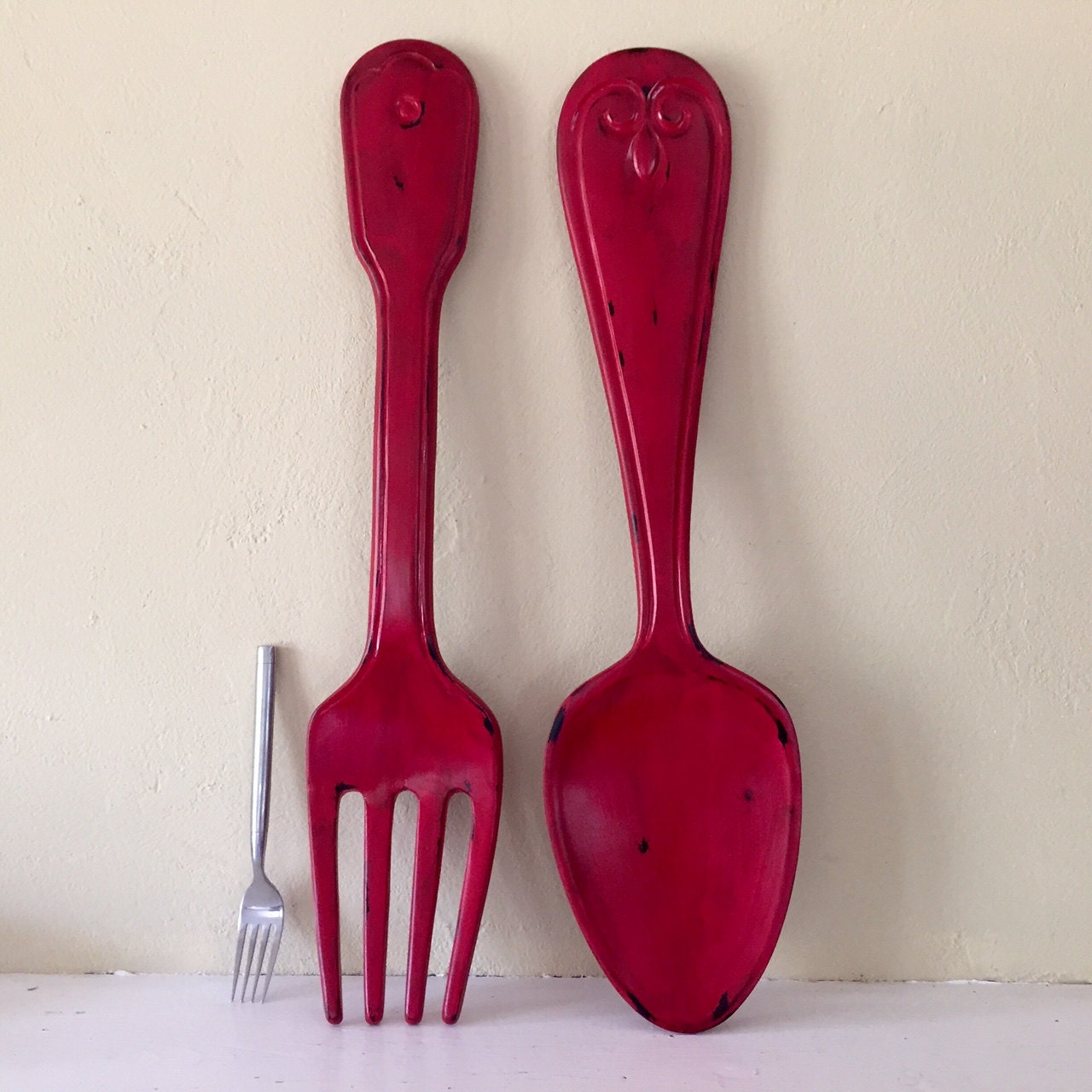 Xlarge fork and spoon wall decor distressed shabby chic Red