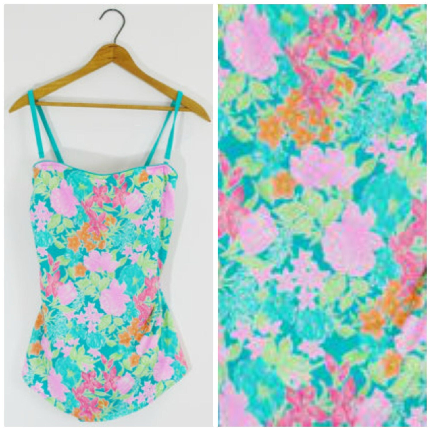 Vintage 60s Floral Swimsuit Pastel Bathing Suit One Piece