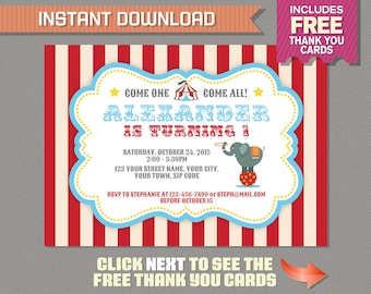 Circus Carnival Invitation with FREE Thank you Card!- Circus Birthday - Carnival Birthday - Edit and print at home with Adobe Reader