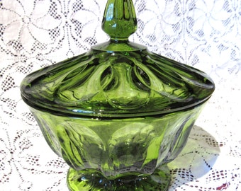 Vintage Green Glass Candy Dish Fairfield Pattern Glass - Excellent Condition!