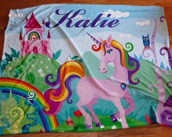 Personalized Fantasy Unicorn Blanket, Extra Large 50x60 or 60x80 Girls Custom Bedding, Vibrant Color Custom Blankets, Girls Room Decor