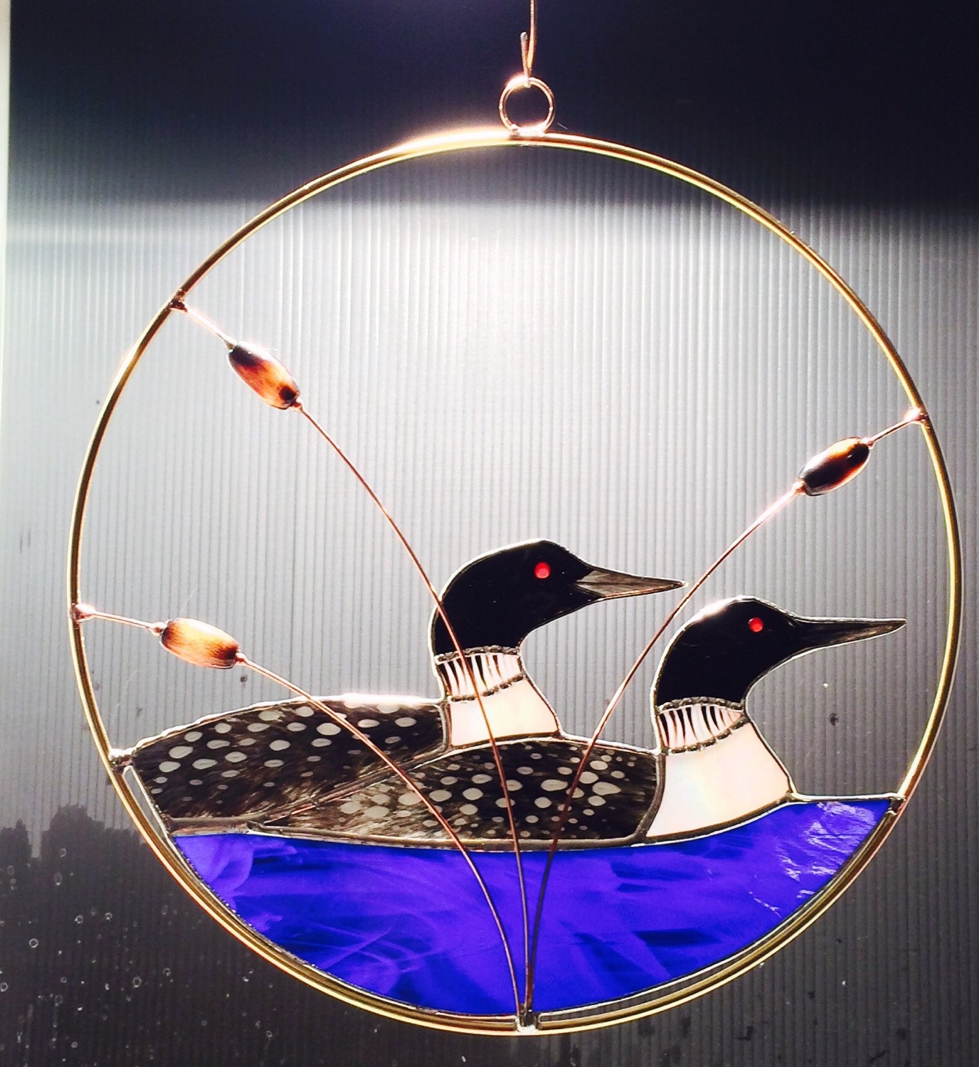 2 Loons stained glass suncatcher panel by BirdsAndBugs1 on Etsy