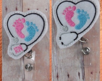 Labor & delivery, NICU, or pediatric nurse badge reel -- stethoscope and pink and blue feet -- can be made with or without RN