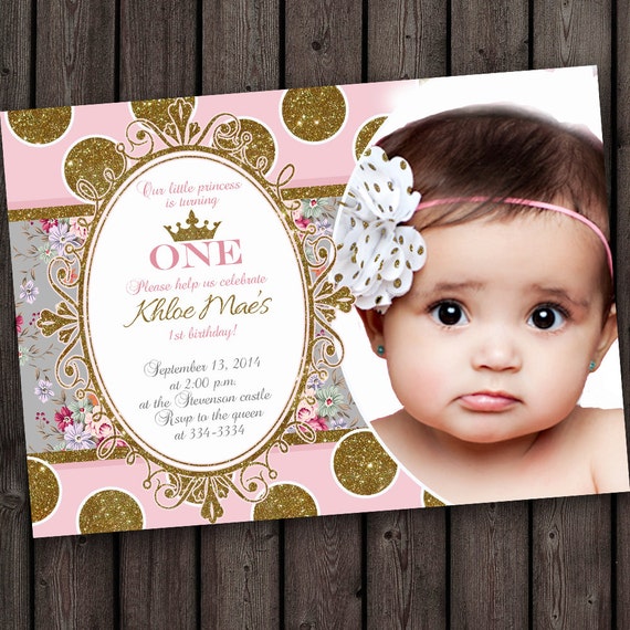 first birthday invitation pink and gold gray by AmysSimpleDesigns