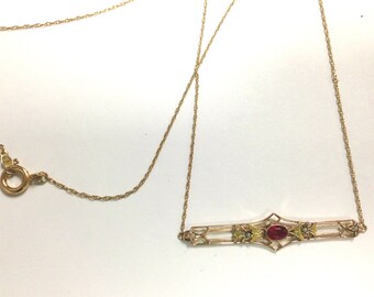 Antique Ruby / Sapphire Filigree necklace with seed pears- 14k Yellow Gold