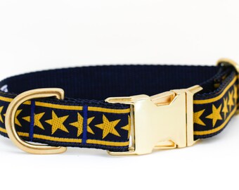 Dog Collar Gold Star and Navy in Brass