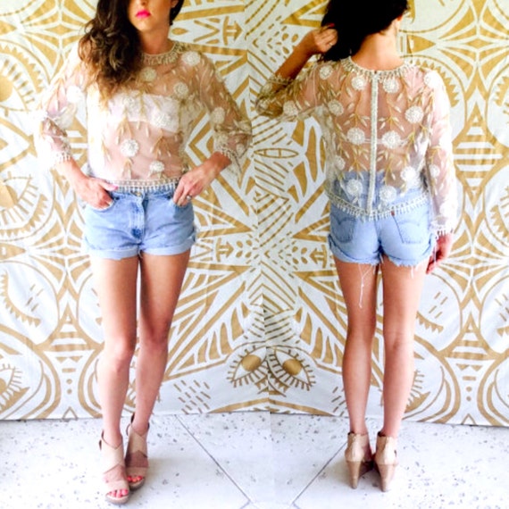 Sheer Gypsy Beaded Blouse Bell Sleeve Gold Pearl Embellishment