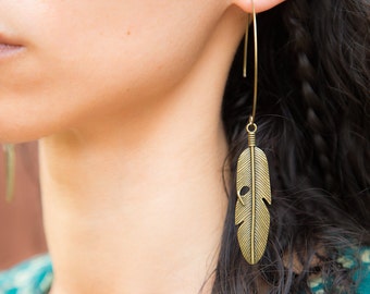 Navajo Bronze Tribal Feather Earrings. Native American Indian Feather Large hoop earrings. Unique Boho, festival chic by Molax Chopa Tribe