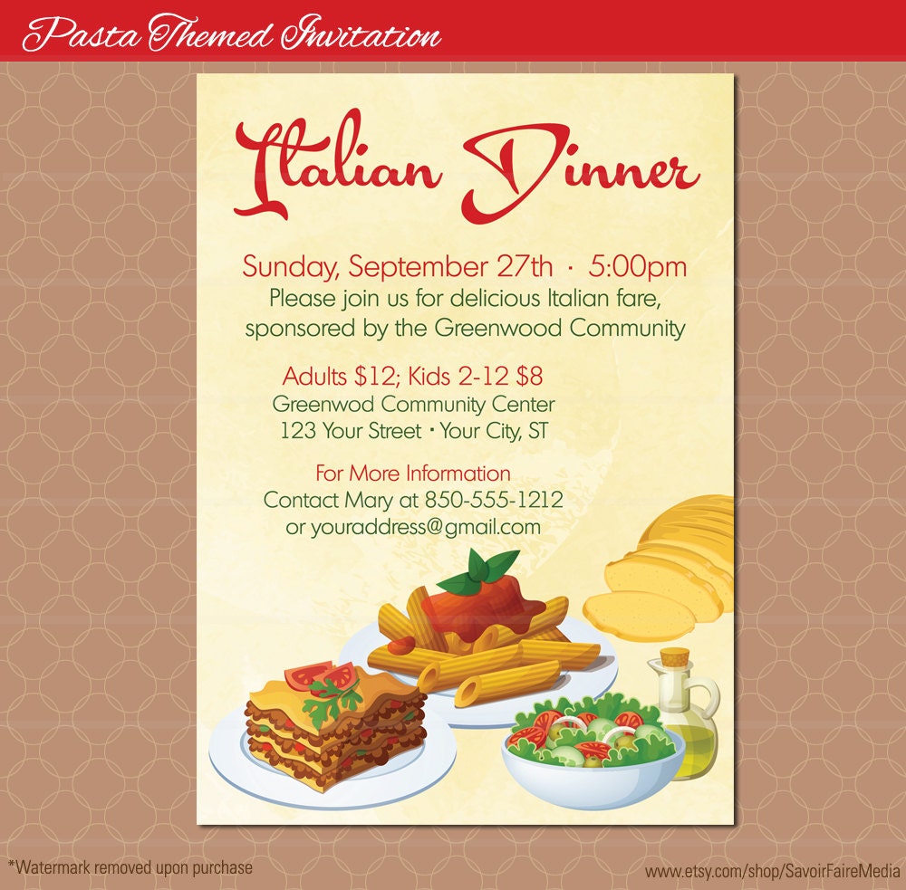 Spaghetti Dinner Event Ticket / Pasta Italian by sfmprintables