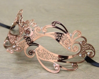Rose Gold Laser Cut Masquerade Mask with Clear Rhinestones - Thin Metal Mask BC004RG Prom Dance Costume Ball Halloween Women Unisex
