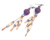 Unique Handmade Purple Santorini Lava Earrings-Dangle Paper Beads Earrings-Hand Hammered Copper Wire Earrings-Boho Modern Earrings