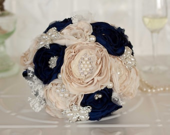 Vintage Inspired Brooch Wedding Bouquet, Champagne and Navy satin, chiffon and Lace Bouquet