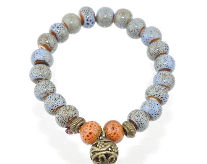 Blue Porcelain Pot Beads with Brass Ball Buddhist Prayer Wrist Mala Bracelet